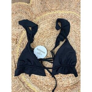 Lost + Wander Beach Tide Triangle Bikini Top Black Ruffle Strappy Tie Sz S NEW